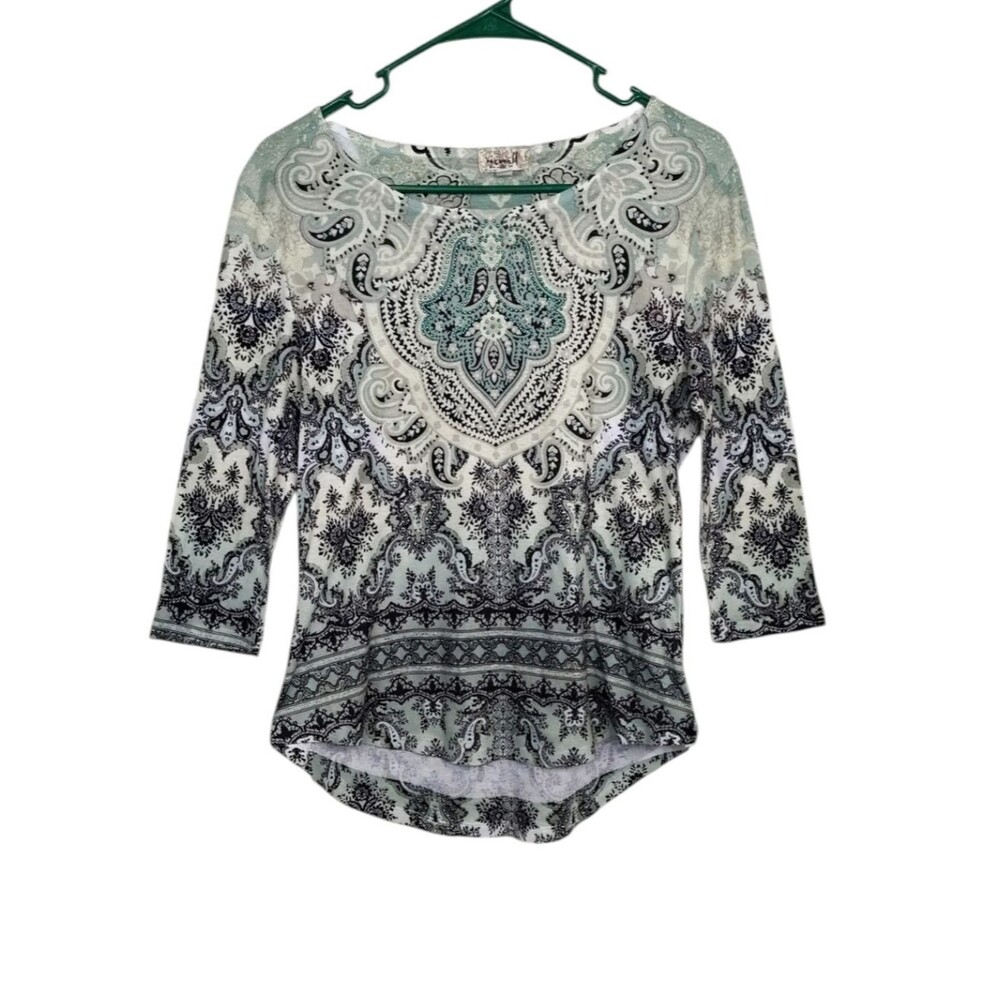 One World Scoop Neck Paisley Print Top in Teal and Black Size MP